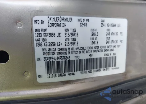 2004 Chrysler Town & Country Touring from USA, damaged, VIN 2C4GP54L44R576049